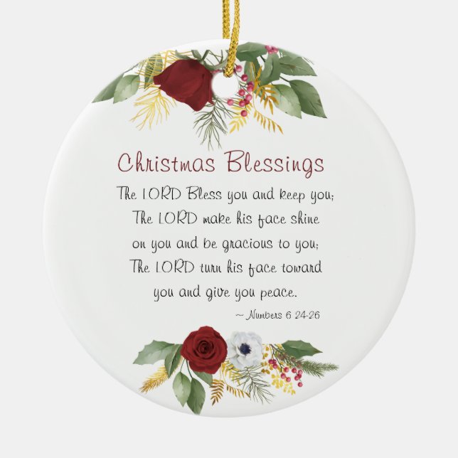 Christmas Blessings Lord Bless You Winter Floral Ceramic Ornament (Front)