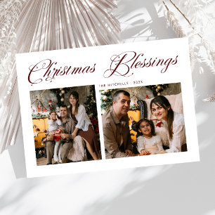 Christmas Blessings Modern 2 Photo Tartan Pattern Holiday Card
