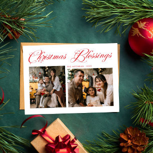 Christmas Blessings Modern Script 3 Photo Holiday Card