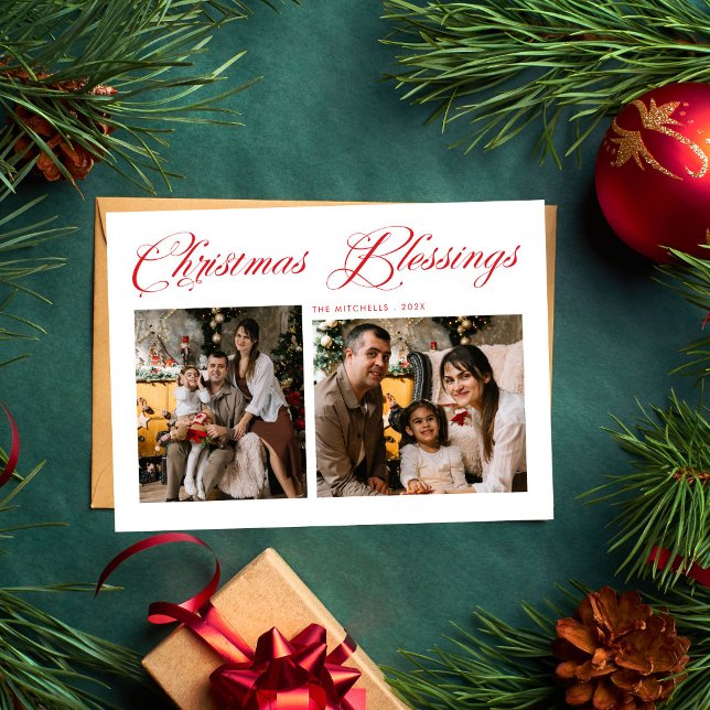 Christmas Blessings Modern Script 3 Photo  Holiday Card (Creator Uploaded)