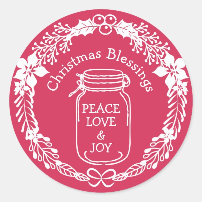 Christmas Blessings Peace Love Joy Mason Jar Classic Round Sticker (Front)