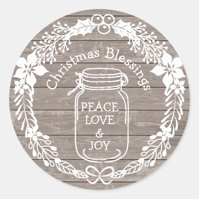 Christmas Blessings Peace Love Joy Mason Jar Classic Round Sticker (Front)