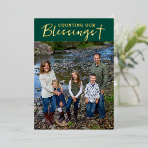 Christmas Blessings Photo Cross Script Faith Green Foil Holiday Card