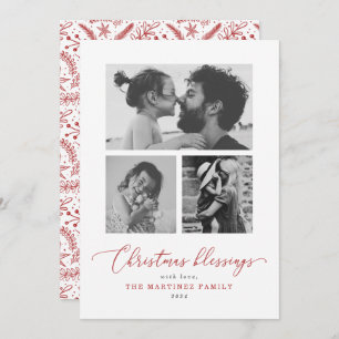 Christmas Blessings Red Script Multiple Photo Holiday Card