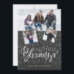 Christmas blessings rustic 3 photos chalkboard holiday card<br><div class="desc">Family seasonal holiday greetings 3 photo collage card on a dark grey charcoal chalkboard background with falling snow and "Christmas Blessings" white chic calligraphy script.        Easy to personalize with your photos and text!</div>