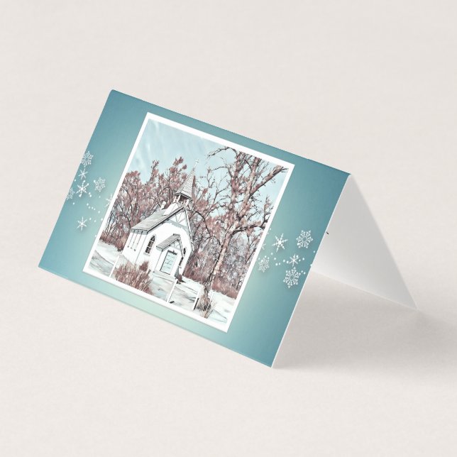 Christmas Blessings - Snowy Church - Turquoise  (Front)