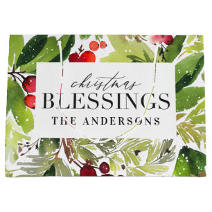Christmas Blessings watercolor foliage personalize Large Gift Bag
