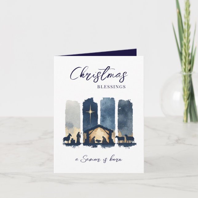 Christmas Blessings Watercolor Nativity Scene Holiday Card (Front)