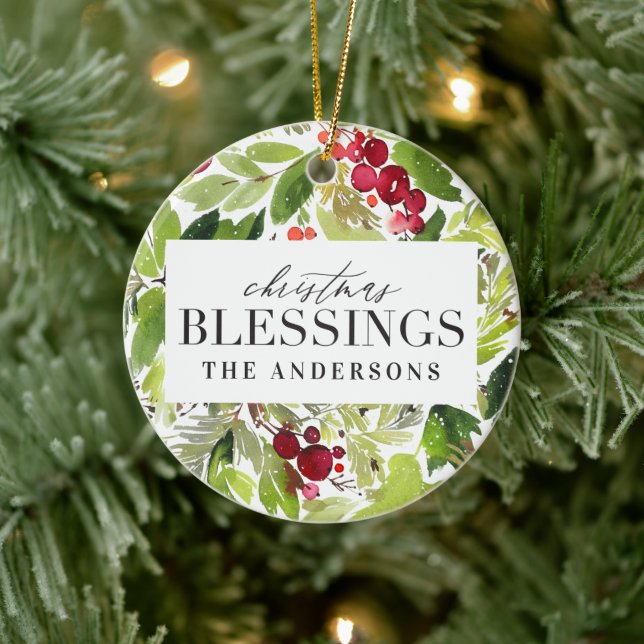 Christmas Blessings watercolor wreath photo Ceramic Ornament (Tree)