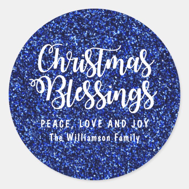Christmas Blessings White Text on Blue Glitter Classic Round Sticker (Front)