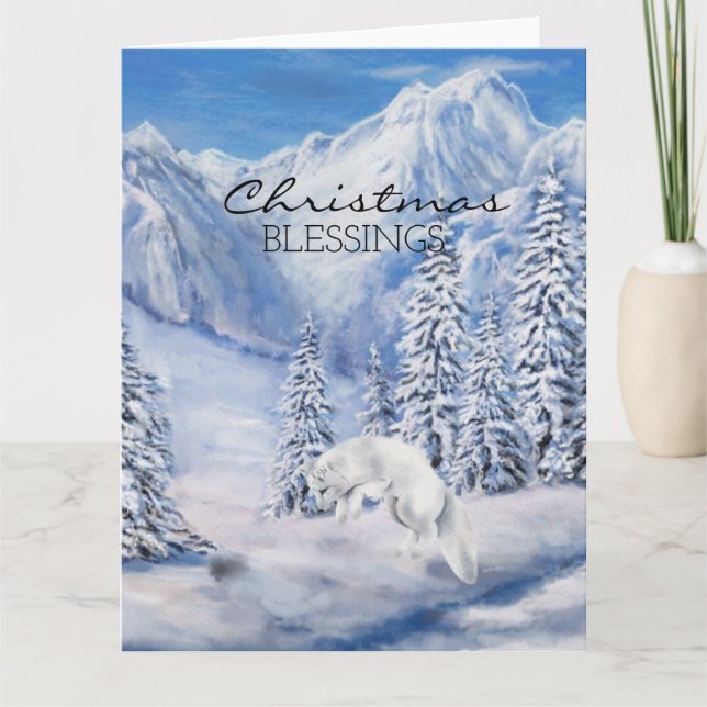 Christmas Blessings Winter Landscape and White Fox Card (Front)