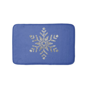 Christmas Bling Silver Glitter Snowflake on Blue Bath Mat