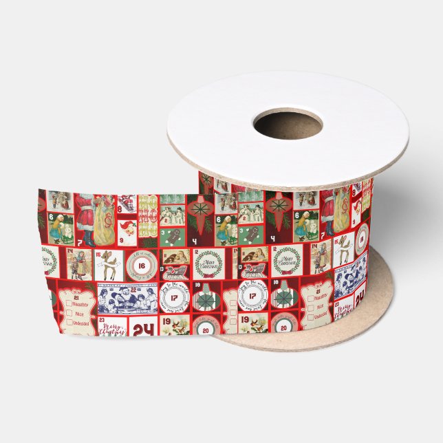 Christmas Block Illustration Squares Satin Ribbon (Spool)