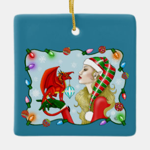 Christmas Blonde Elf Red Dragon Fantasy Ceramic Ornament
