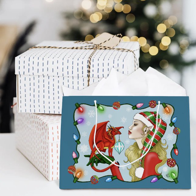 Christmas Blonde Elf Red Dragon Fantasy  Large Gift Bag (Creator Uploaded)