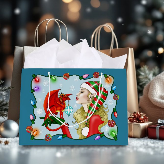 Christmas Blonde Elf Red Dragon Fantasy  Large Gift Bag (Creator Uploaded)
