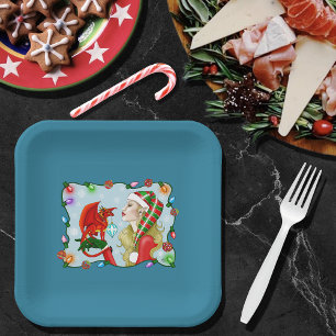 Christmas Blonde Elf Red Dragon Fantasy  Paper Plate
