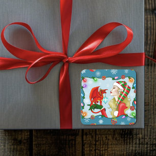 Christmas Blonde Elf Red Dragon Fantasy  Square Sticker
