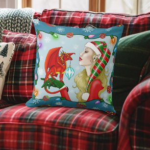 Christmas Blonde Elf Red Dragon Fantasy Throw Pillow