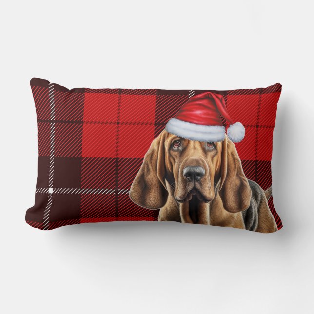 Christmas Bloodhound Dog Red Holiday Plaid Lumbar Pillow (Front)