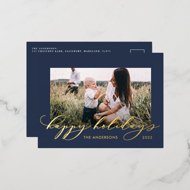 Christmas blue 1 photo botanical script  foil holiday postcard (Front/Back)