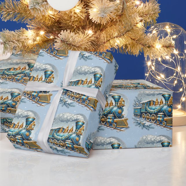 Christmas Blue and Gold Vintage Locomotive Wrapping Paper (Holidays)