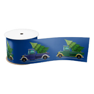 Christmas Blue and Green Truck with Tree Satin Ribbon