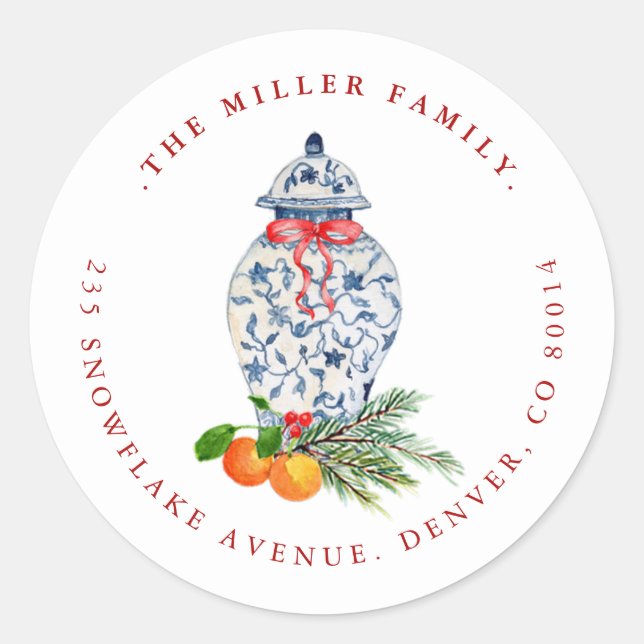 Christmas Blue and white Ginger jar  address Classic Round Sticker (Front)