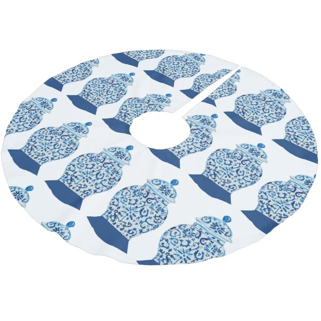 Christmas Blue and White Ginger Jar Brushed Polyester Tree Skirt (Angled)