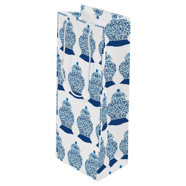 Christmas Blue and White Ginger Jar Wine Gift Bag (Front Angled)