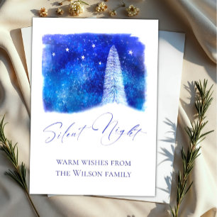 Christmas blue and white Silent Night snowy tree  Holiday Card