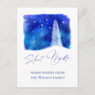 Christmas blue and white Silent Night snowy tree  Holiday Postcard