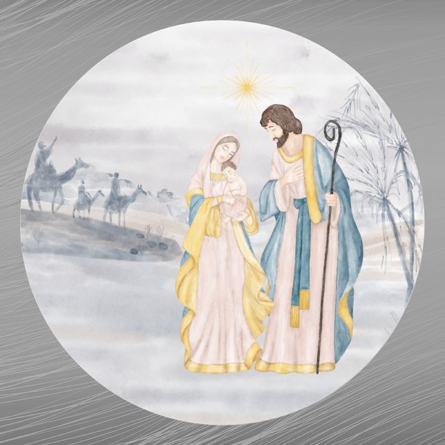 Christmas Blue Christian Religious Watercolor Classic Round Sticker (Creator Uploaded)