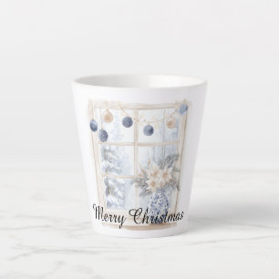 Christmas Blue Cream Ornaments Flowers Tree Window Latte Mug