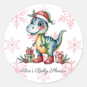 Christmas Blue Dino and Presents Boy Baby Shower Classic Round Sticker