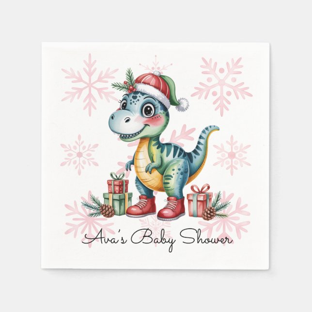 Christmas Blue Dino and Presents Boy Baby Shower Napkin (Front)