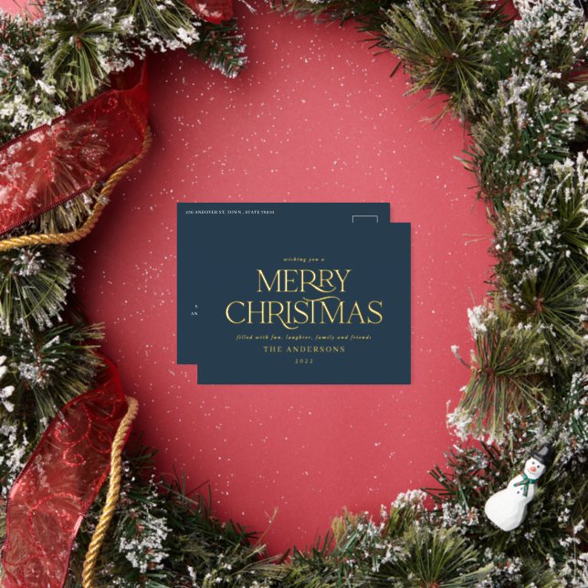 Christmas blue elegant minimal modern typography foil holiday postcard (Insitu)