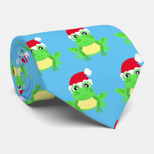 Christmas Blue Frog Santa Hat Pattern Novelty Tie
