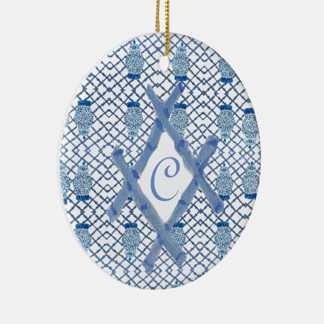 Christmas Blue Ginger Jar Ceramic  Ceramic Ornament (Right)