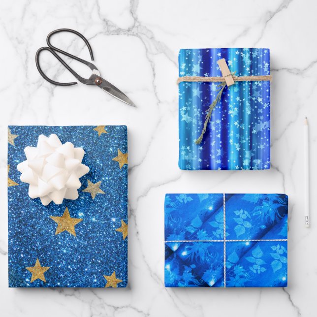 Christmas Blue Glitter Gold Stars, Floral Sparkle Wrapping Paper Sheet (Front)