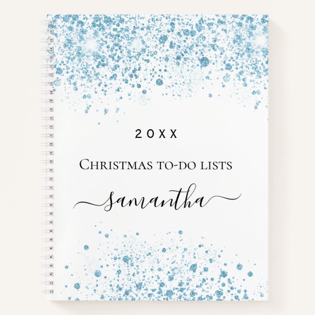 Christmas blue glitter white winter to do lists  notebook (Front)