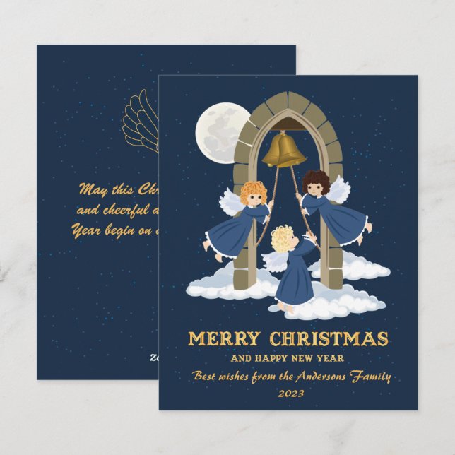Christmas blue gold cute kids angel bell holiday card (Front/Back)