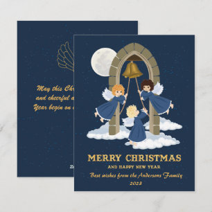 Christmas blue gold cute kids angel bell holiday card