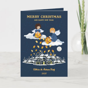 Christmas blue gold cute little angel photocard holiday card