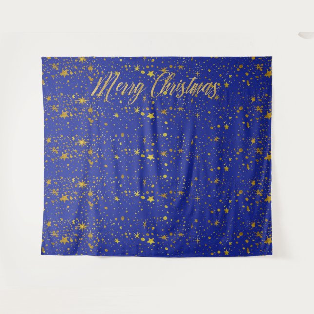 Christmas Blue Gold Stars Photo Booth Backdrop Tapestry (Front (Horizontal))