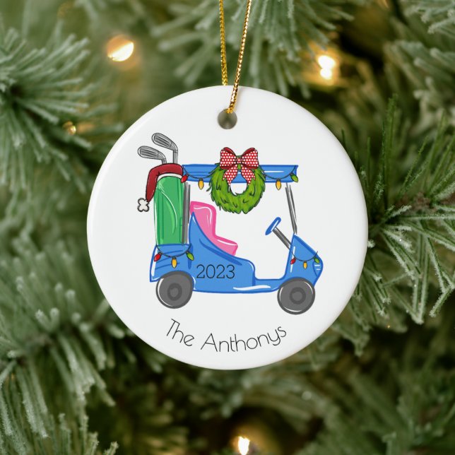 Christmas Blue Golf Cart Personalized Preppy Ceramic Ornament (Tree)