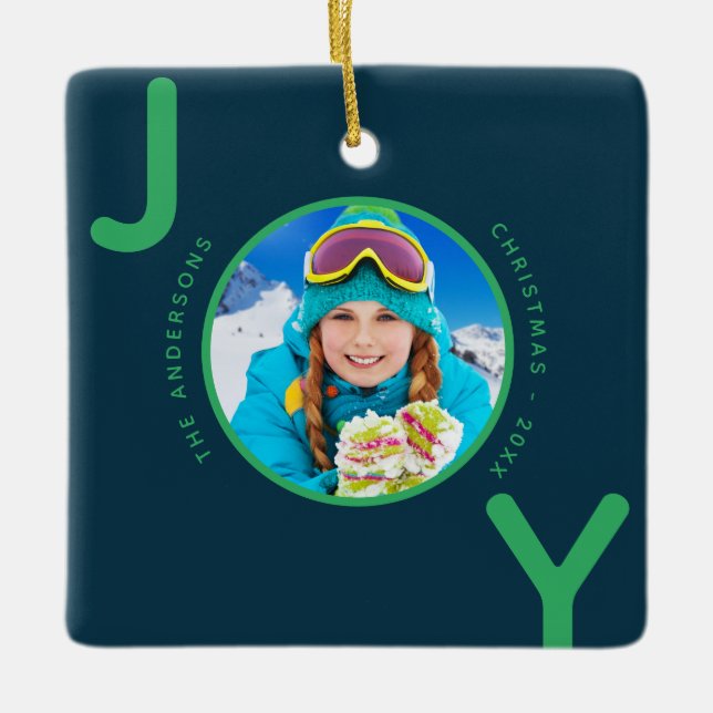 Christmas blue Green photo joy family name Ceramic Ornament (Front)