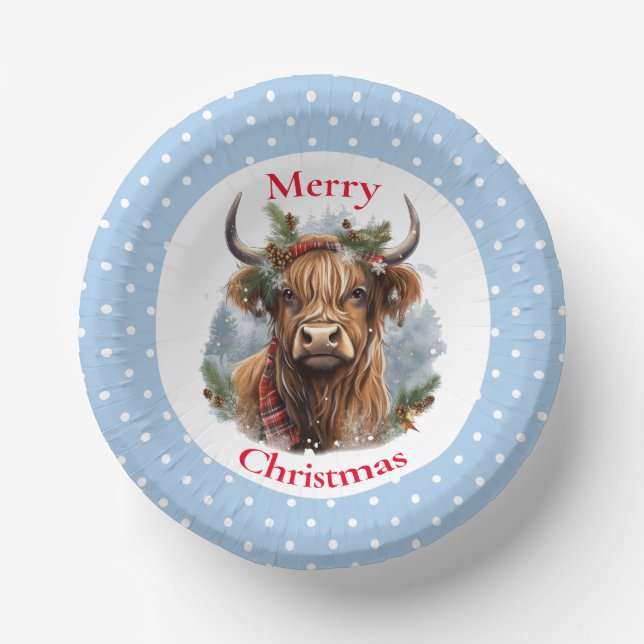 Christmas Blue Highlander Cow Paper Plate (Front)