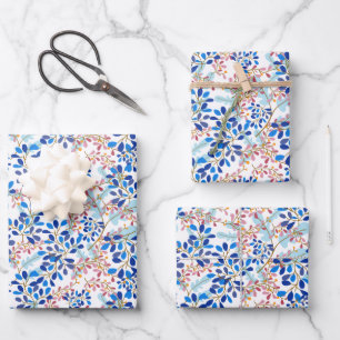 Christmas Blue Holiday Floral Pattern Wrapping Paper Sheet