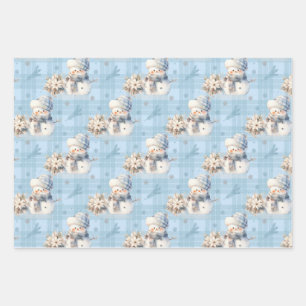 Christmas Blue Little Snowman Wrapping Paper Sheet